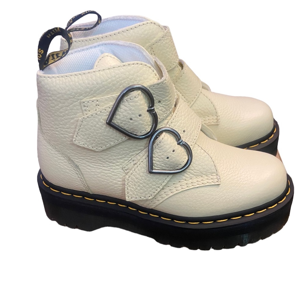 Dr. Martens Cream Combat Boots with Heart Buckles